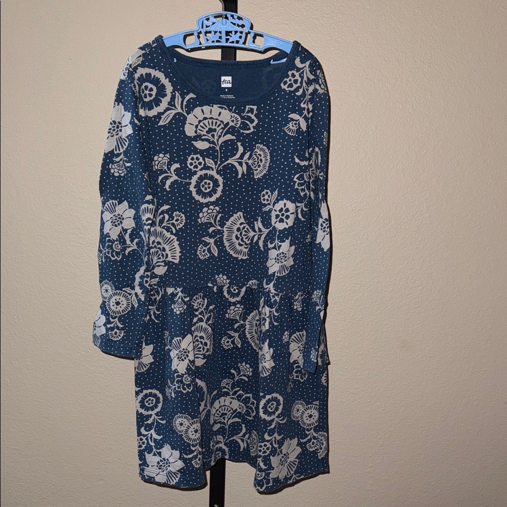 Tea Collection Blue and White Floral Polka Dot Long Sleeve Dress Girl’s Size 6